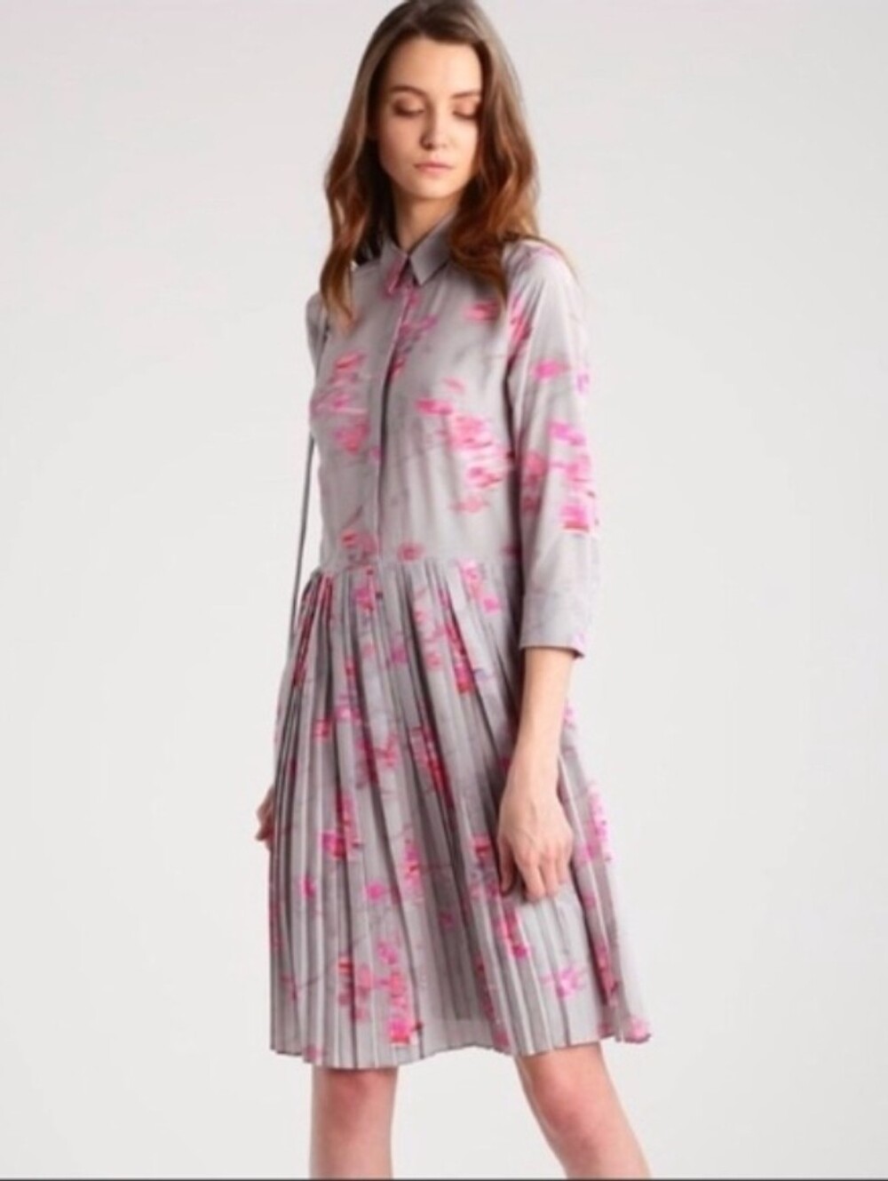 BANANA REPUBLIC Light Grey Pink Silky Pleated Skirt Shirt Dress Sz 0P